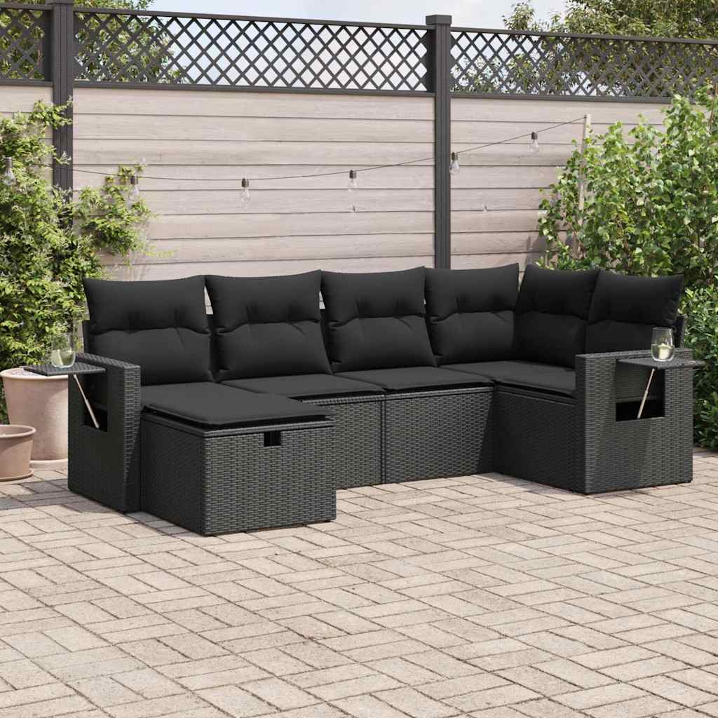 vidaXL 6-tlg. Garten-Sofagarnitur mit Kissen Schwarz Poly Rattan