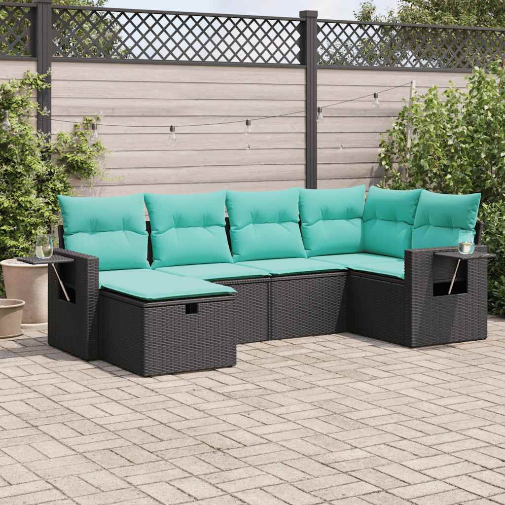 vidaXL 6-tlg. Garten-Sofagarnitur mit Kissen Schwarz Poly Rattan
