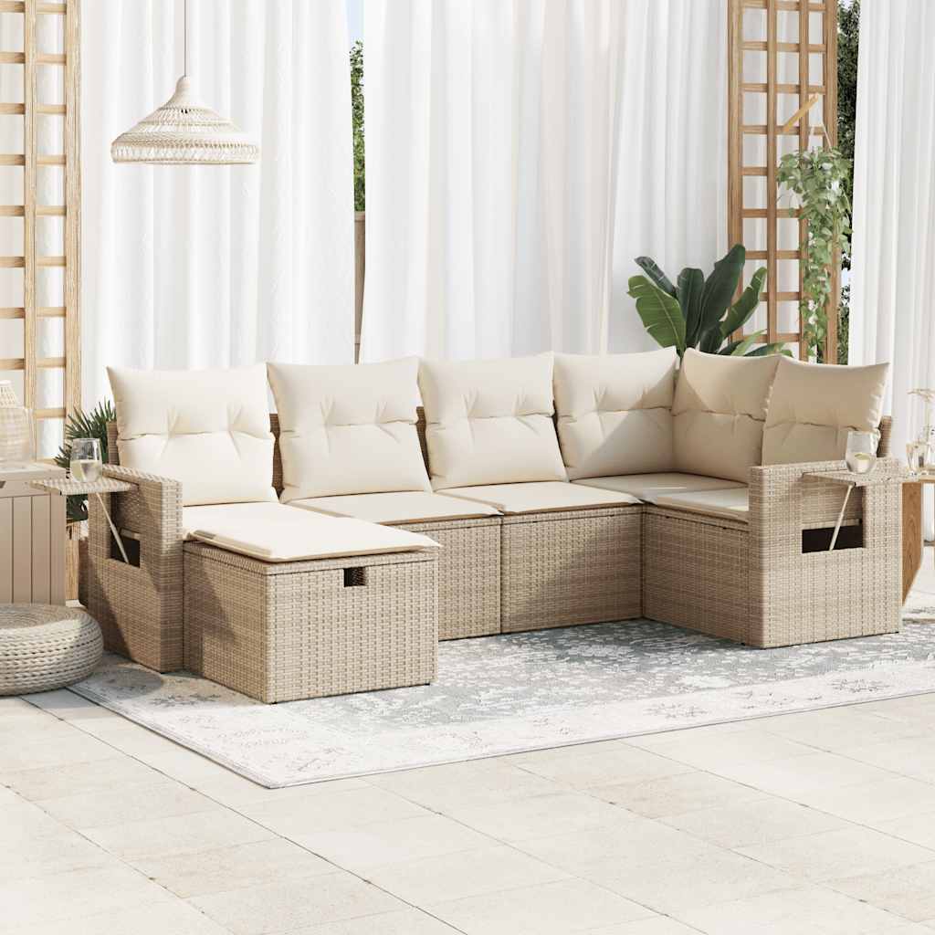 vidaXL 6-tlg. Garten-Sofagarnitur mit Kissen Beige Poly Rattan