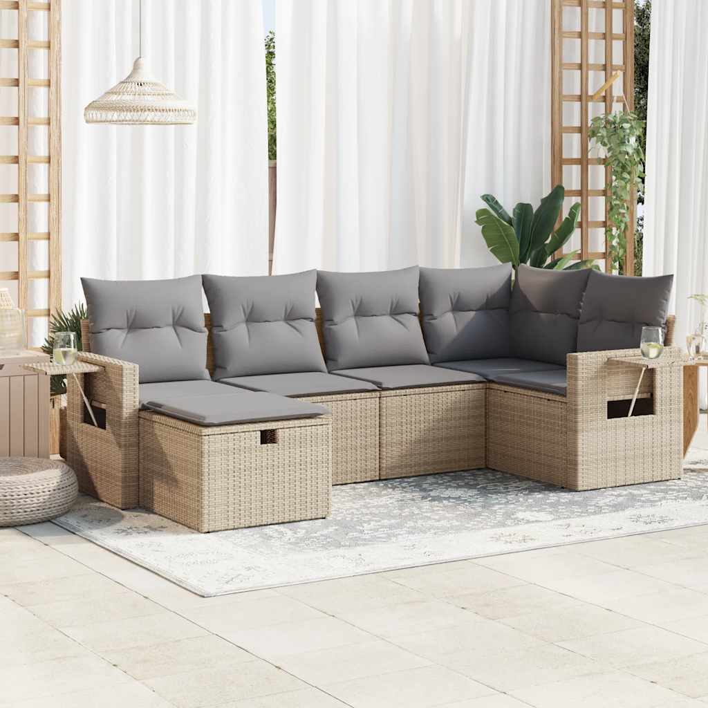 vidaXL 6-tlg. Garten-Sofagarnitur mit Kissen Beige Poly Rattan