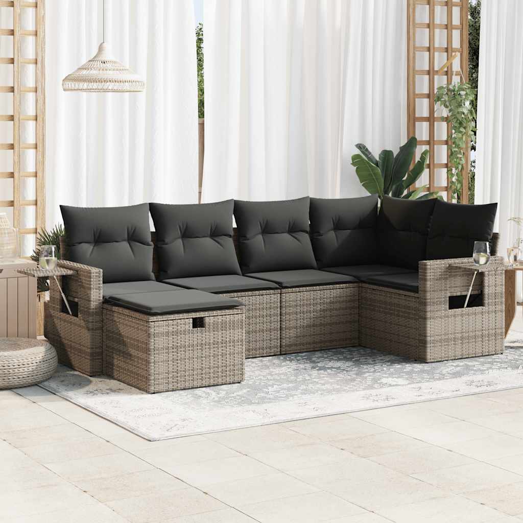 vidaXL 6-tlg. Garten-Sofagarnitur mit Kissen Grau Poly Rattan