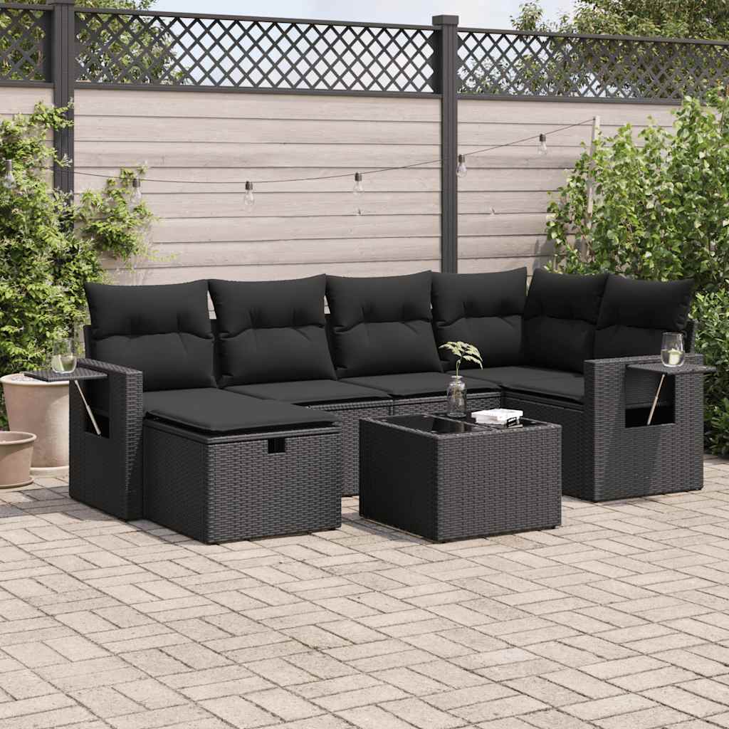 vidaXL 7-tlg. Garten-Sofagarnitur mit Kissen Schwarz Poly Rattan