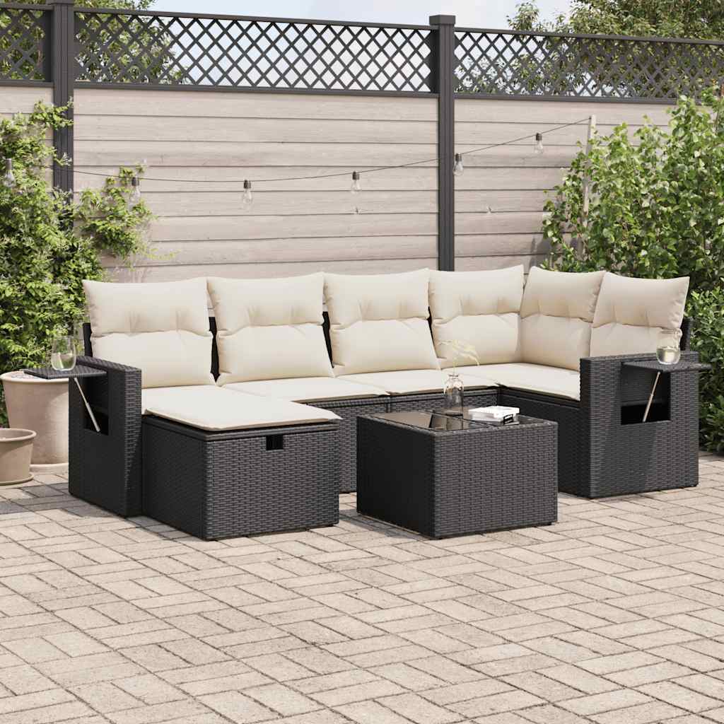 vidaXL 7-tlg. Garten-Sofagarnitur mit Kissen Schwarz Poly Rattan