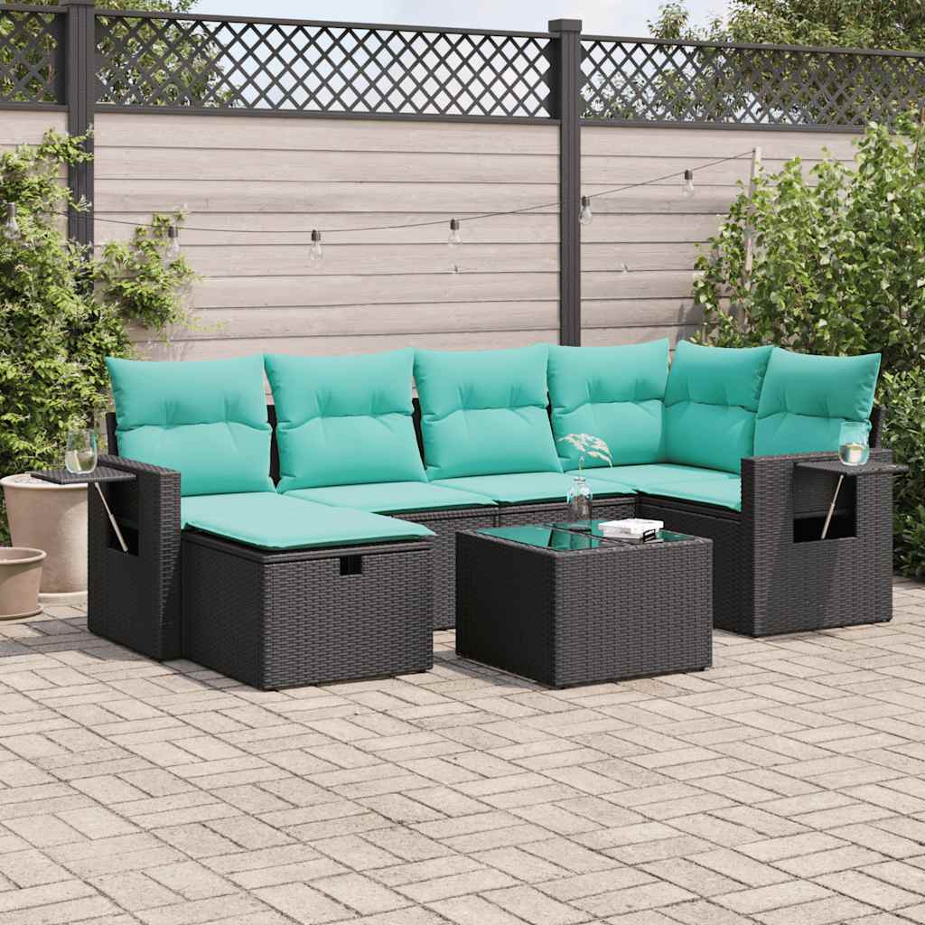 vidaXL 7-tlg. Garten-Sofagarnitur mit Kissen Schwarz Poly Rattan