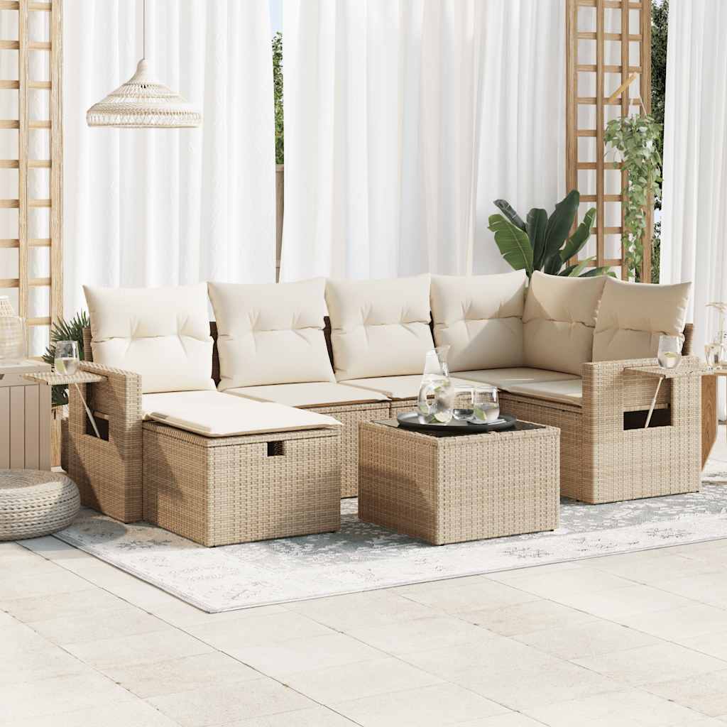 vidaXL 7-tlg. Garten-Sofagarnitur mit Kissen Beige Poly Rattan