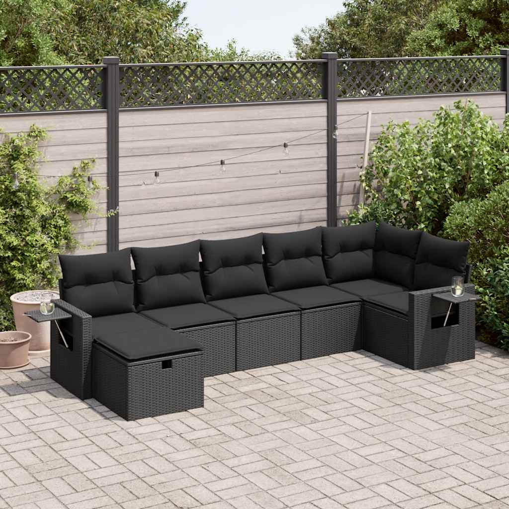 vidaXL 7-tlg. Garten-Sofagarnitur mit Kissen Schwarz Poly Rattan