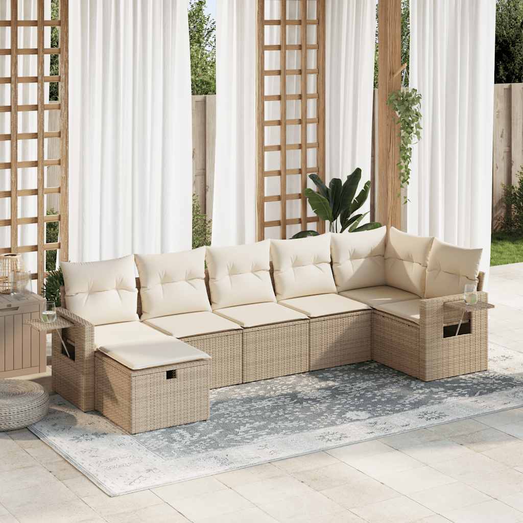 vidaXL 7-tlg. Garten-Sofagarnitur mit Kissen Beige Poly Rattan