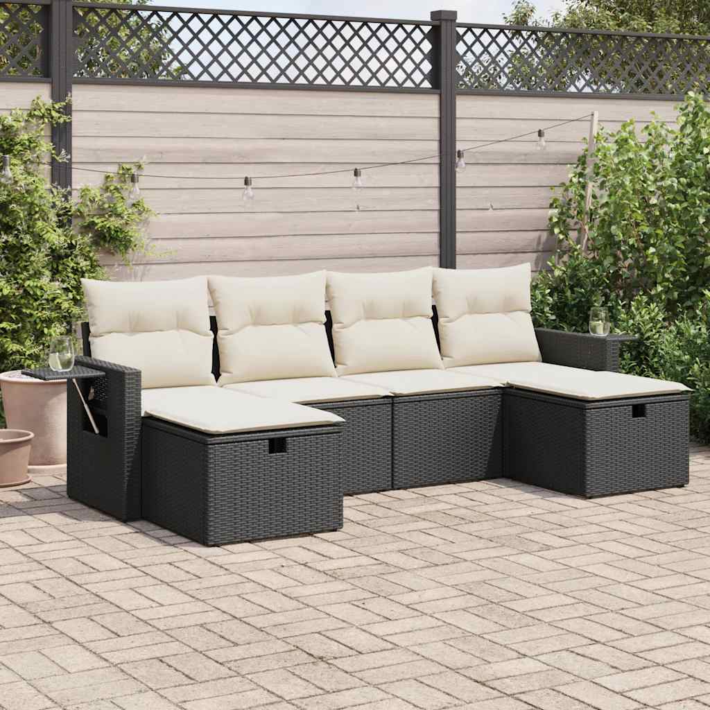 vidaXL 6-tlg. Garten-Sofagarnitur mit Kissen Schwarz Poly Rattan