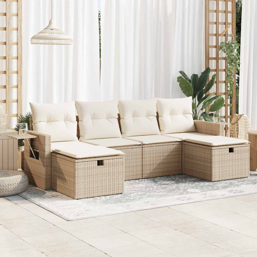 vidaXL 6-tlg. Garten-Sofagarnitur mit Kissen Beige Poly Rattan