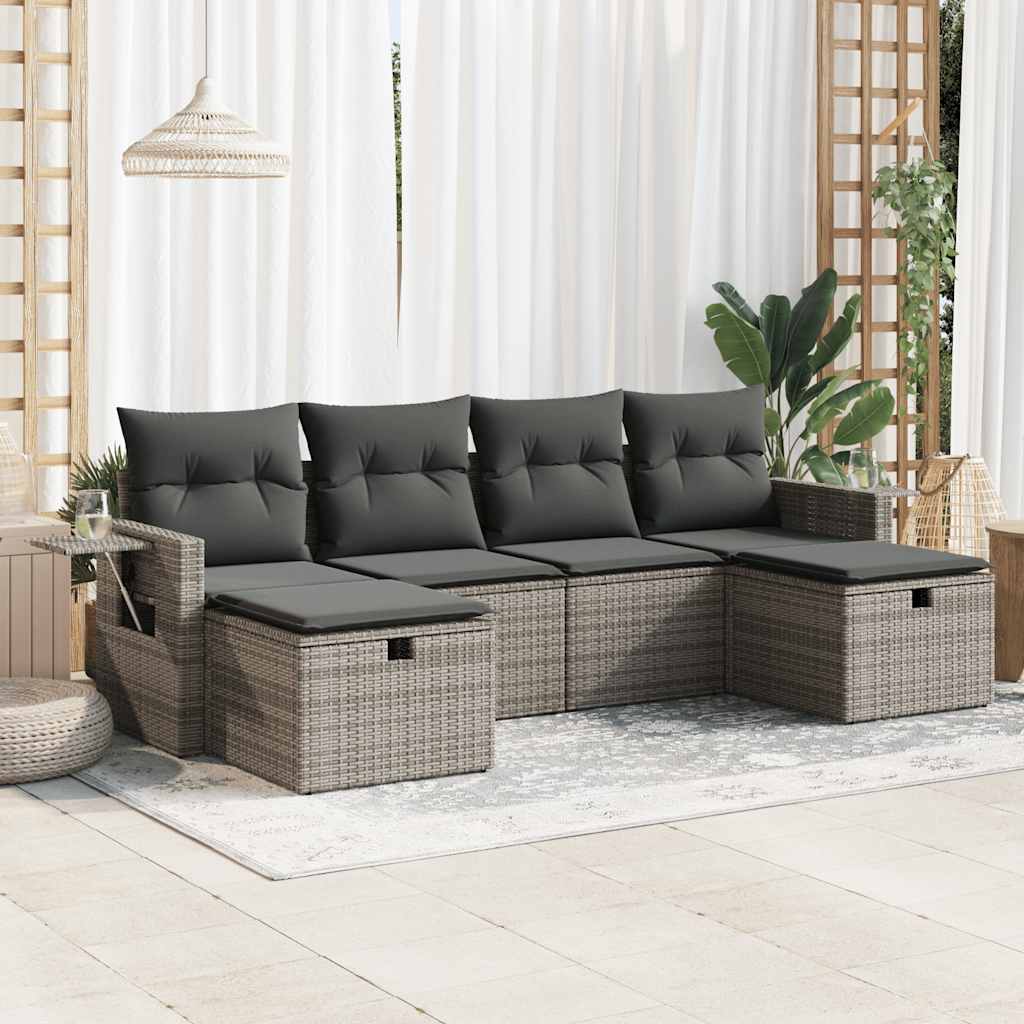 6-tlg. Garten-Sofagarnitur mit Kissen Grau Poly Rattan