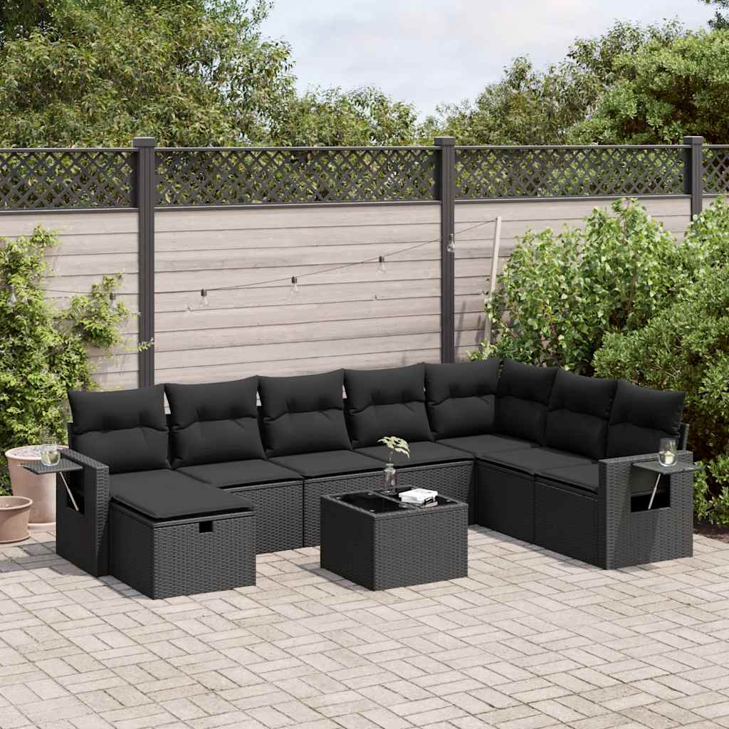 vidaXL 9-tlg. Garten-Sofagarnitur mit Kissen Schwarz Poly Rattan