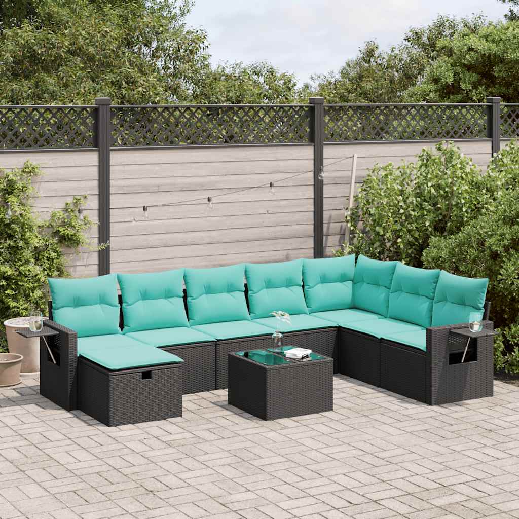 vidaXL Set mobilier de grădină cu perne, 9 piese, negru, poliratan