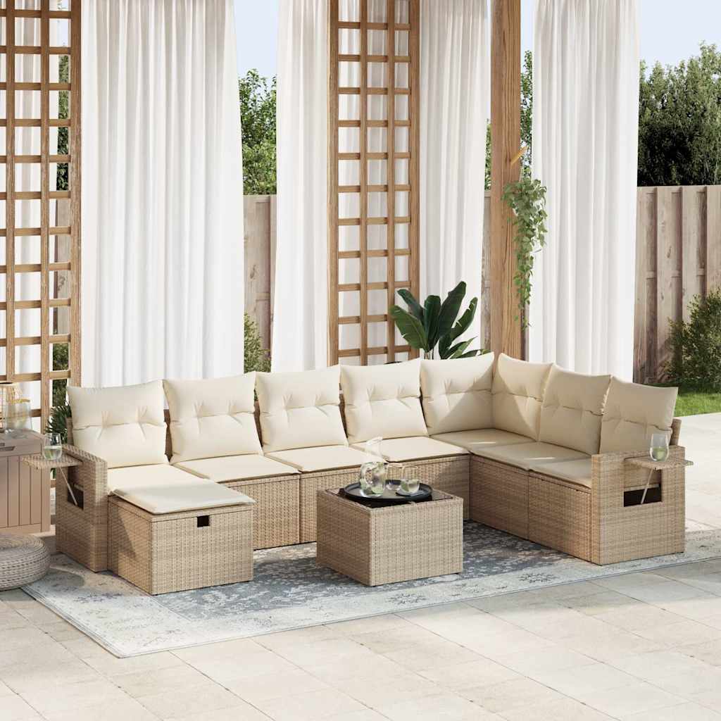 vidaXL 9-tlg. Garten-Sofagarnitur mit Kissen Beige Poly Rattan