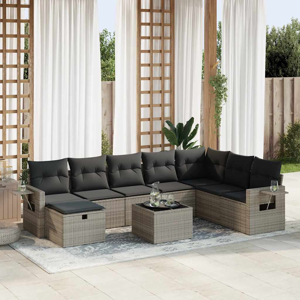 vidaXL Set canapele de grădină, 9 piese, cu perne, gri, poliratan