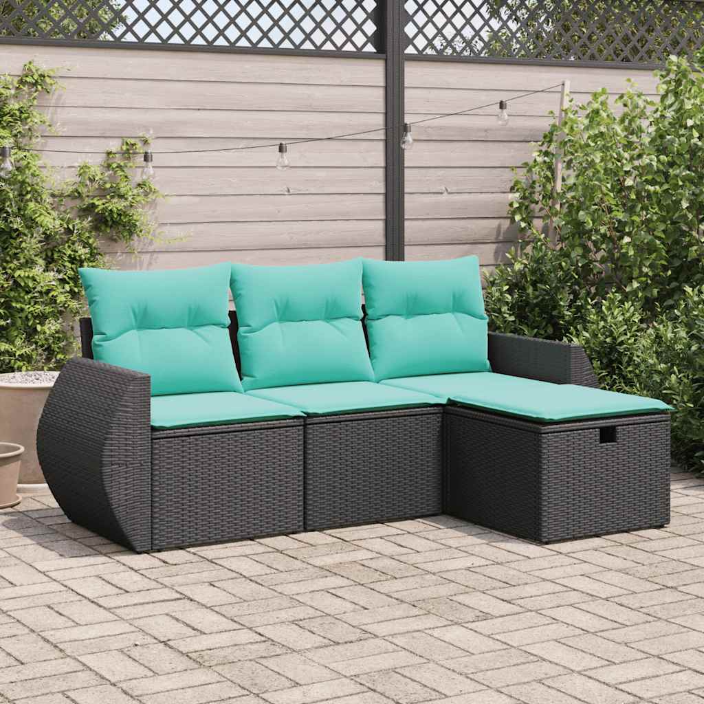 vidaXL Set mobilier de grădină cu perne, 4 piese, negru, poliratan