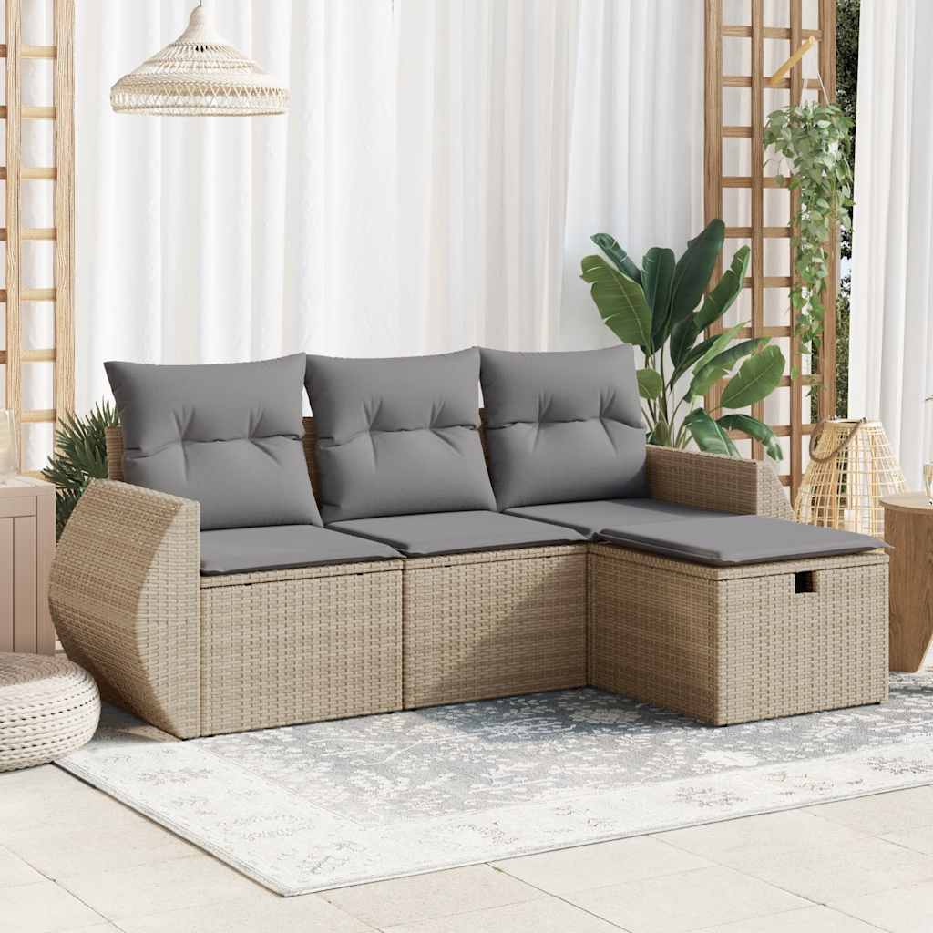 4-tlg. Garten-Sofagarnitur mit Kissen Beige Poly Rattan