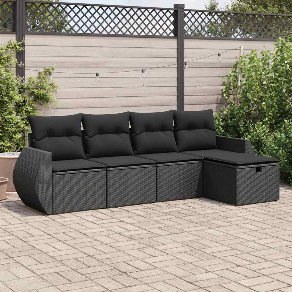 vidaXL 5-tlg. Garten-Sofagarnitur mit Kissen Schwarz Poly Rattan