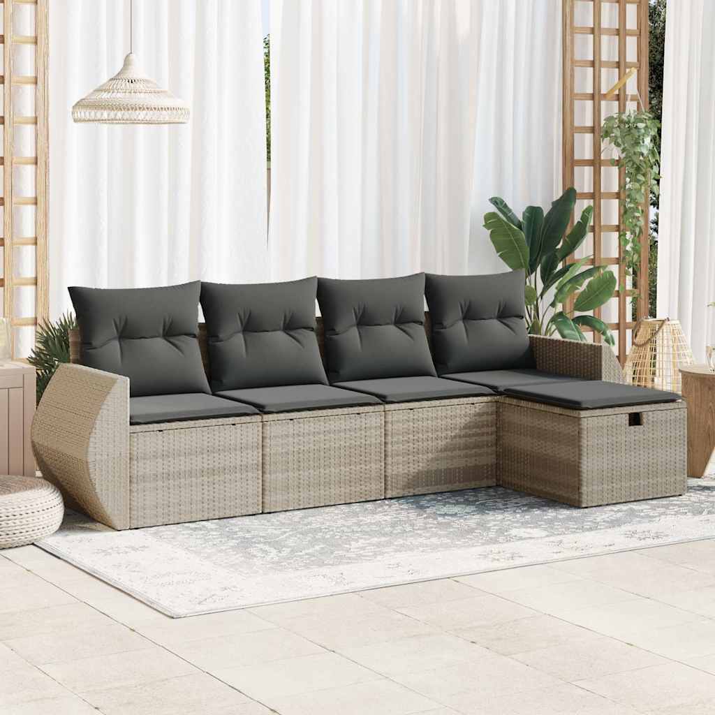 vidaXL 5-tlg. Garten-Sofagarnitur mit Kissen Hellgrau Poly Rattan