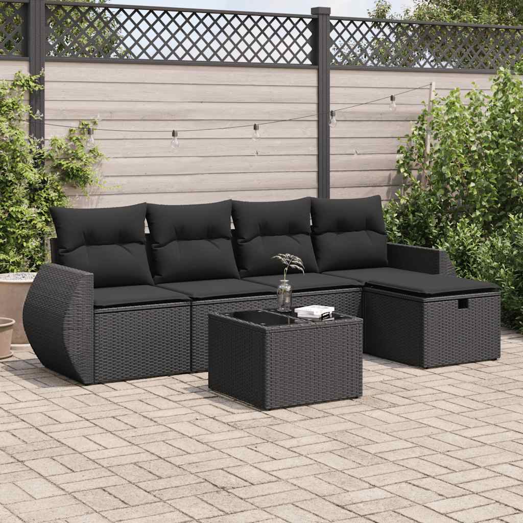 vidaXL 6-tlg. Garten-Sofagarnitur mit Kissen Schwarz Poly Rattan