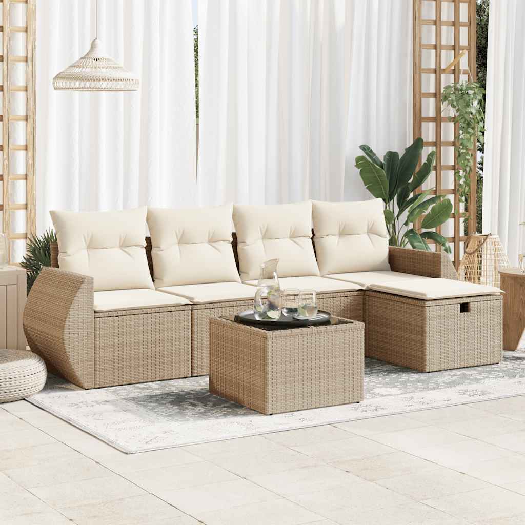 vidaXL 6-tlg. Garten-Sofagarnitur mit Kissen Beige Poly Rattan