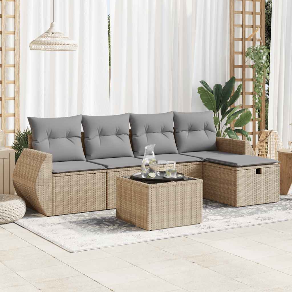 vidaXL 6-tlg. Garten-Sofagarnitur mit Kissen Beige Poly Rattan