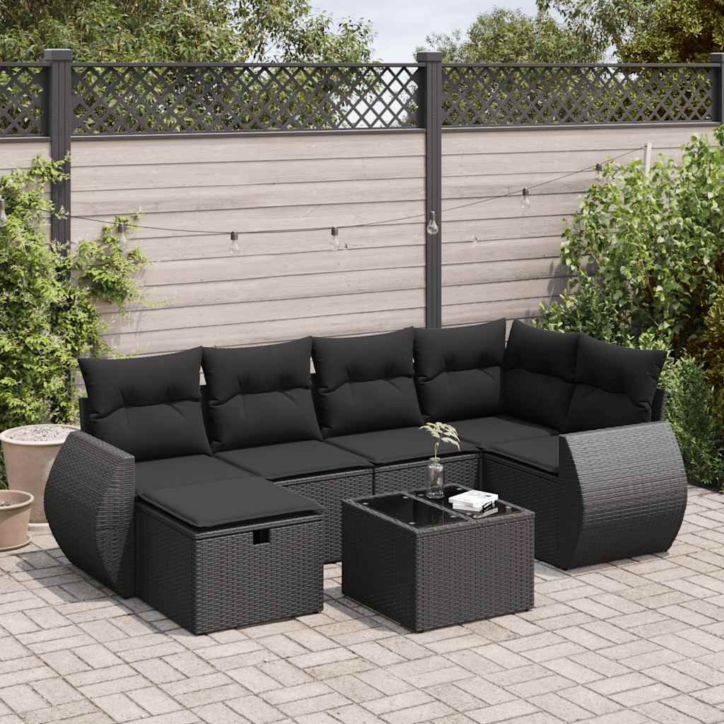 vidaXL 7-tlg. Garten-Sofagarnitur mit Kissen Schwarz Poly Rattan