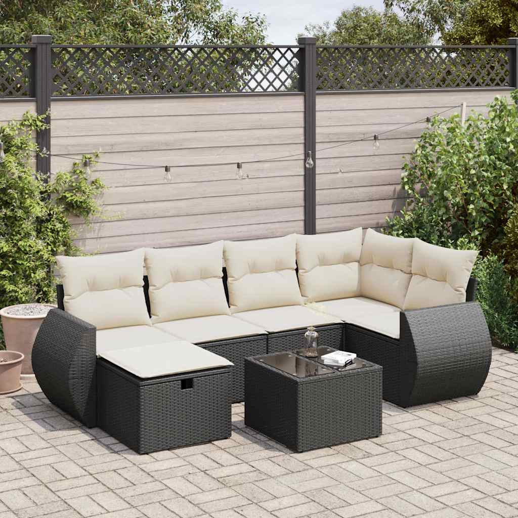 vidaXL 7-tlg. Garten-Sofagarnitur mit Kissen Schwarz Poly Rattan