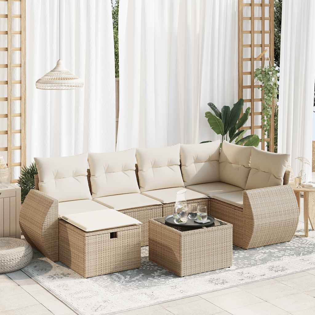 vidaXL 7-tlg. Garten-Sofagarnitur mit Kissen Beige Poly Rattan