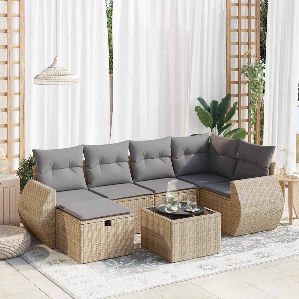 vidaXL 7-tlg. Garten-Sofagarnitur mit Kissen Beige Poly Rattan