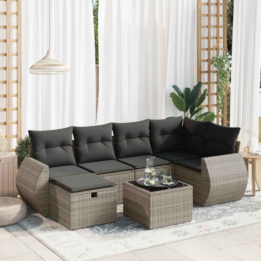 vidaXL 7-tlg. Garten-Sofagarnitur mit Kissen Grau Poly Rattan