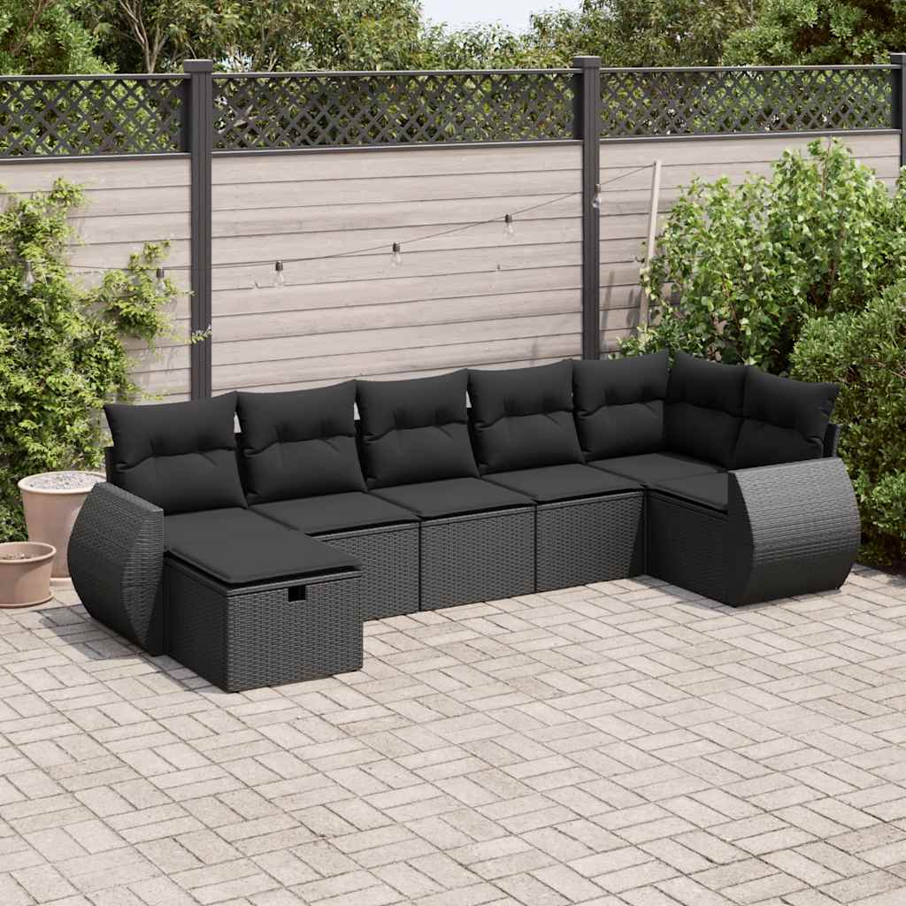 vidaXL 7-tlg. Garten-Sofagarnitur mit Kissen Schwarz Poly Rattan