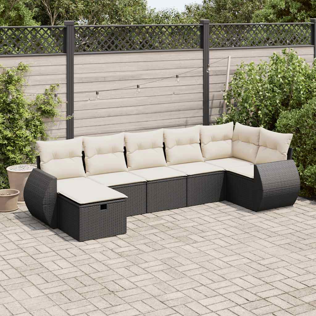 7-tlg. Garten-Sofagarnitur mit Kissen Schwarz Poly Rattan