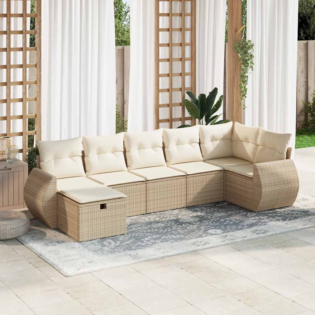 vidaXL 7-tlg. Garten-Sofagarnitur mit Kissen Beige Poly Rattan