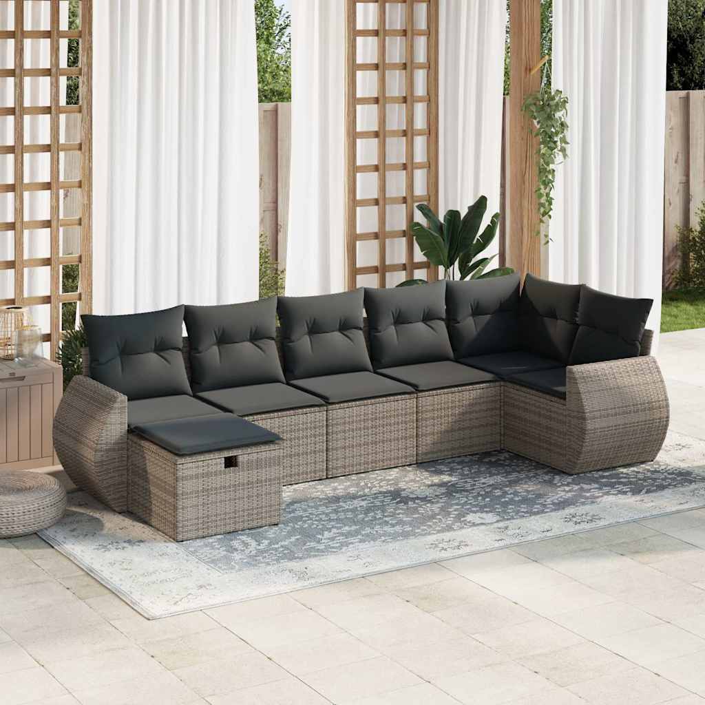 vidaXL 7-tlg. Garten-Sofagarnitur mit Kissen Grau Poly Rattan