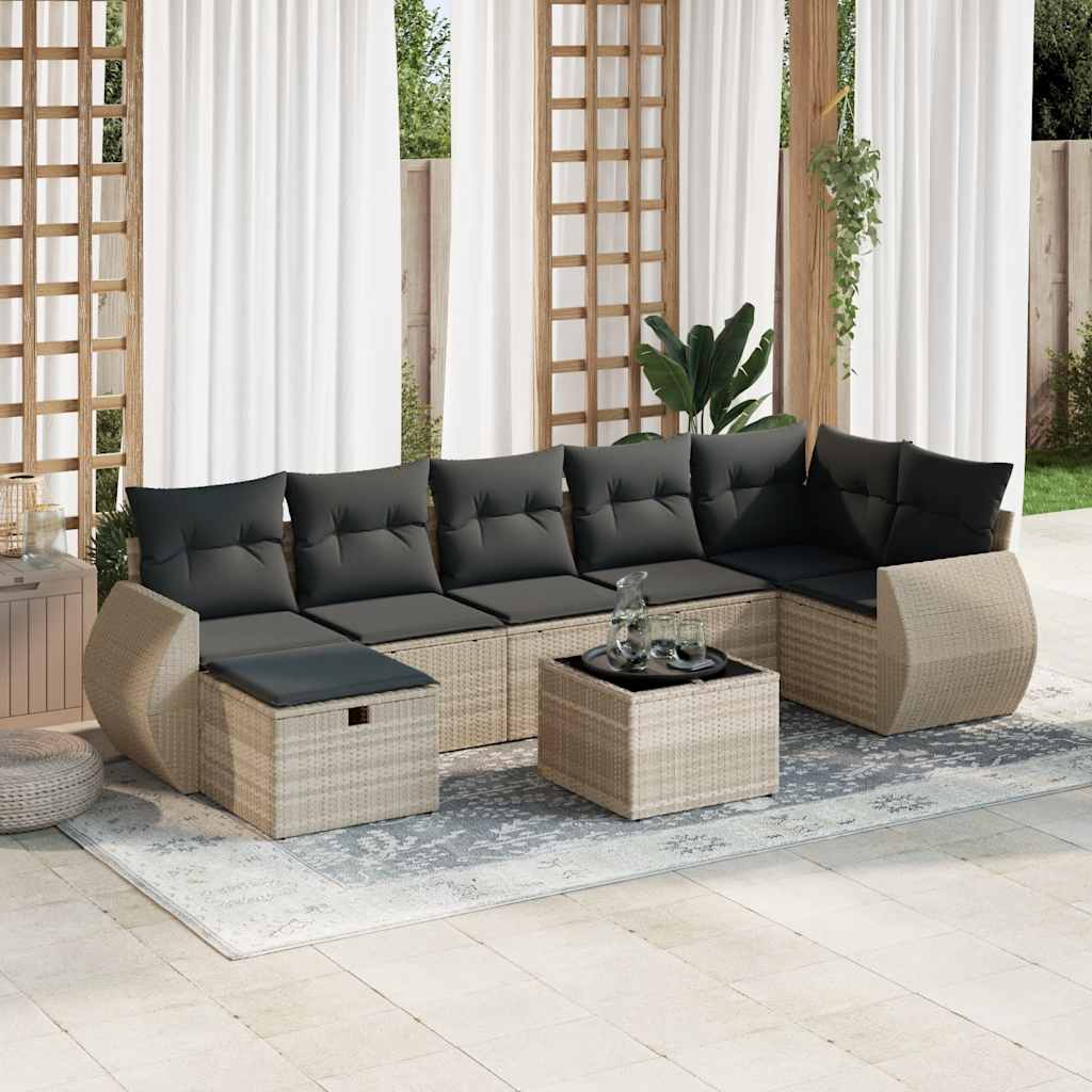 vidaXL 8-tlg. Garten-Sofagarnitur mit Kissen Hellgrau Poly Rattan