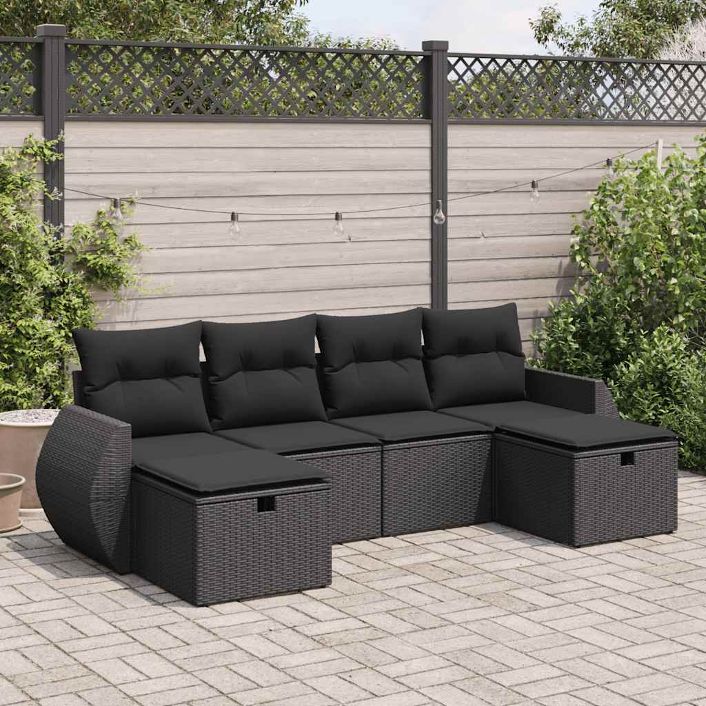 vidaXL 6-tlg. Garten-Sofagarnitur mit Kissen Schwarz Poly Rattan