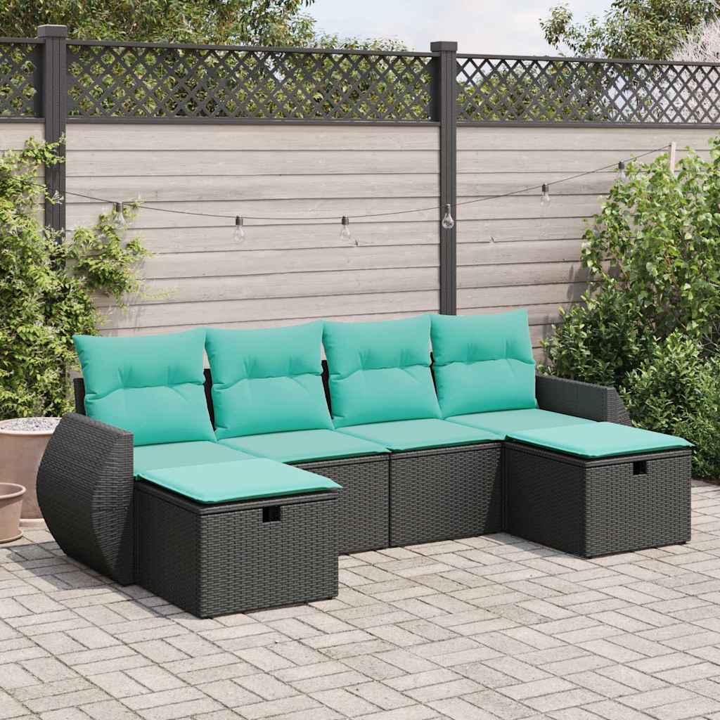vidaXL 6-tlg. Garten-Sofagarnitur mit Kissen Schwarz Poly Rattan