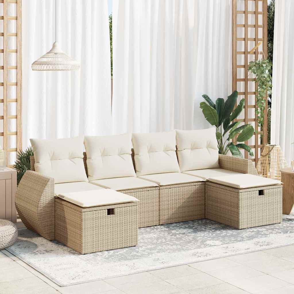 vidaXL 6-tlg. Garten-Sofagarnitur mit Kissen Beige Poly Rattan