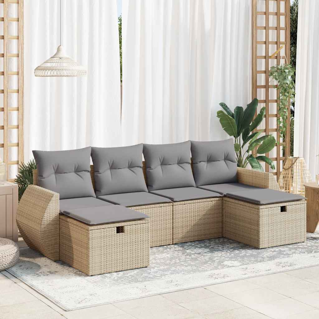 vidaXL 6-tlg. Garten-Sofagarnitur mit Kissen Beige Poly Rattan