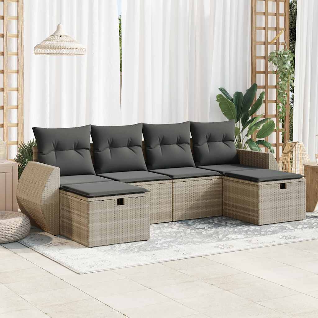 vidaXL 6-tlg. Garten-Sofagarnitur mit Kissen Hellgrau Poly Rattan