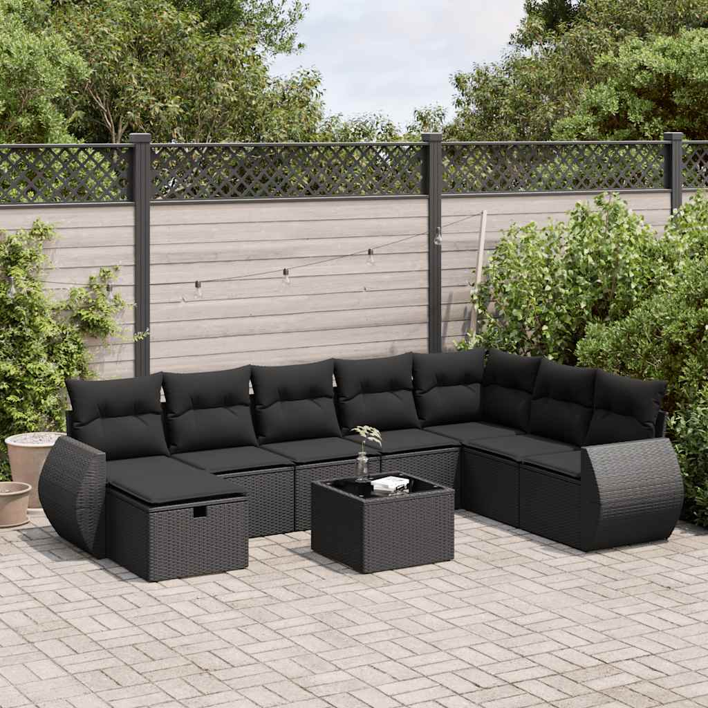 vidaXL 9-tlg. Garten-Sofagarnitur mit Kissen Schwarz Poly Rattan