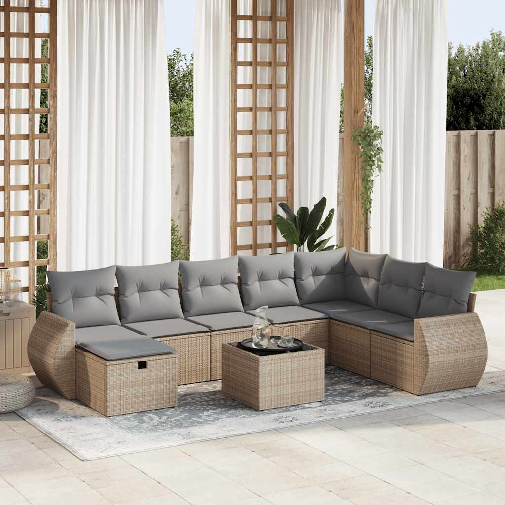 vidaXL 9-tlg. Garten-Sofagarnitur mit Kissen Beige Poly Rattan