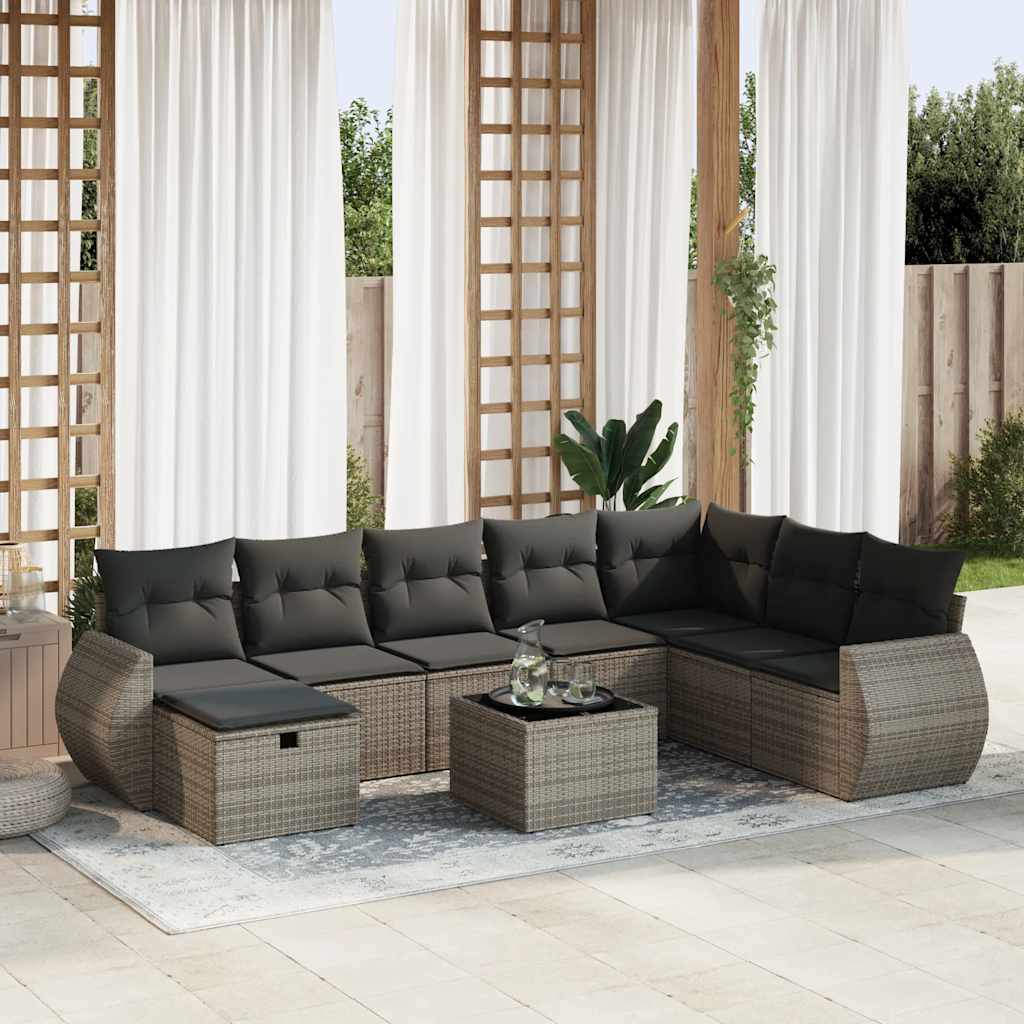 vidaXL Set canapele de grădină, 9 piese, cu perne, gri, poliratan