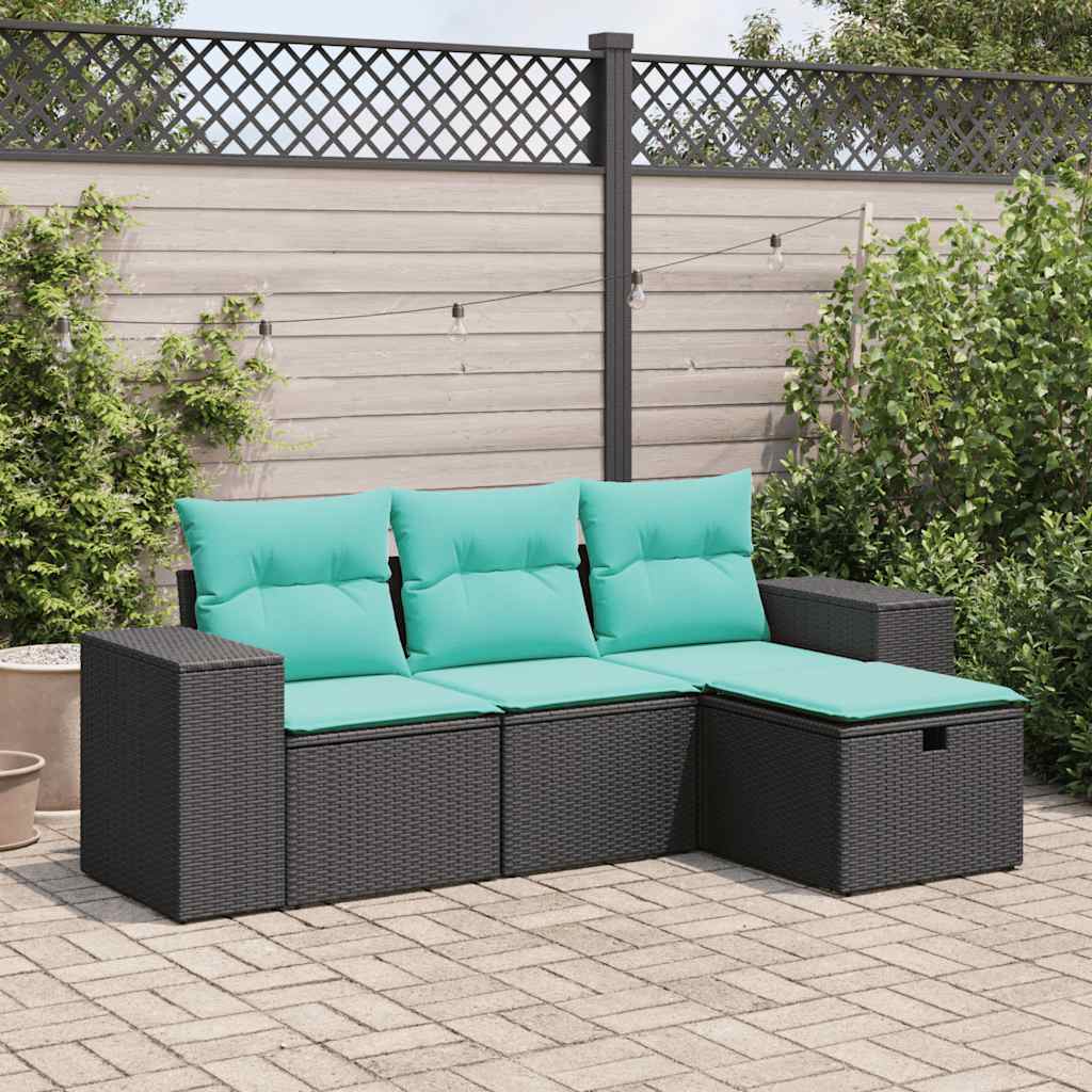 vidaXL 4-tlg. Garten-Sofagarnitur mit Kissen Schwarz Poly Rattan