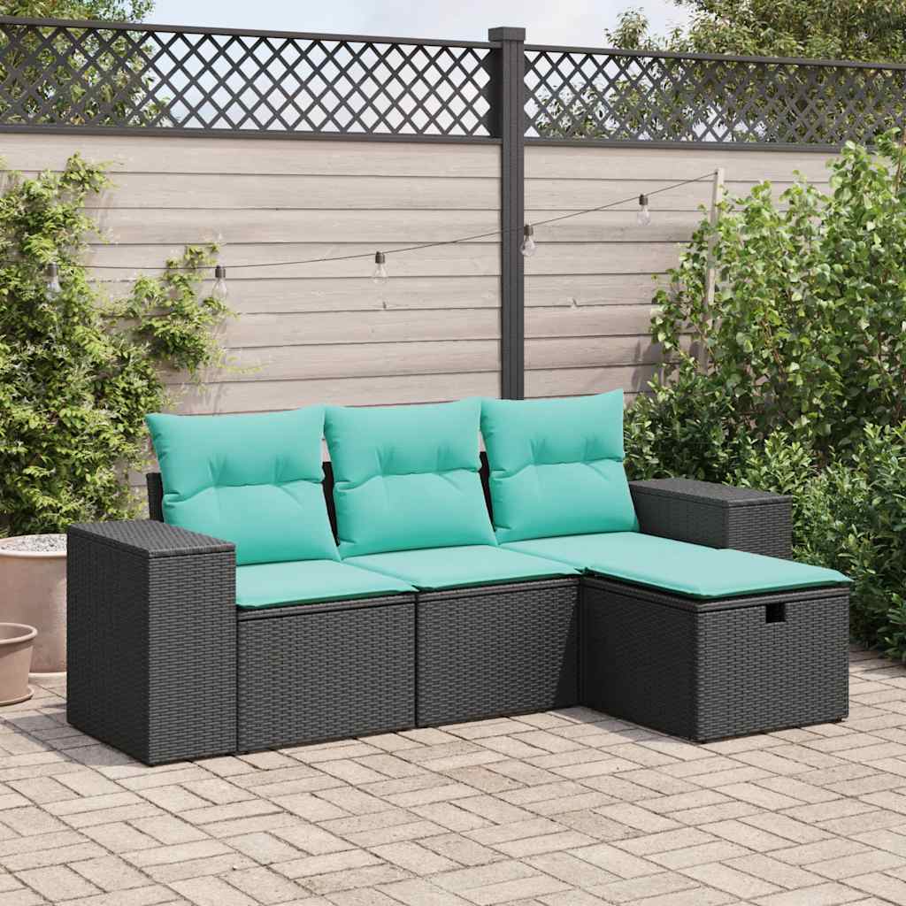 vidaXL Set mobilier de grădină cu perne, 4 piese, negru, poliratan