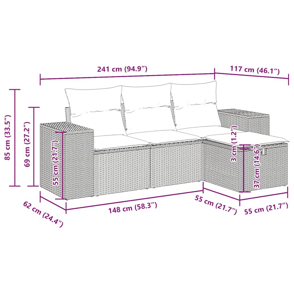 4 Piece Garden Sofa Set with Cushions Grey Poly Rattan 3325656