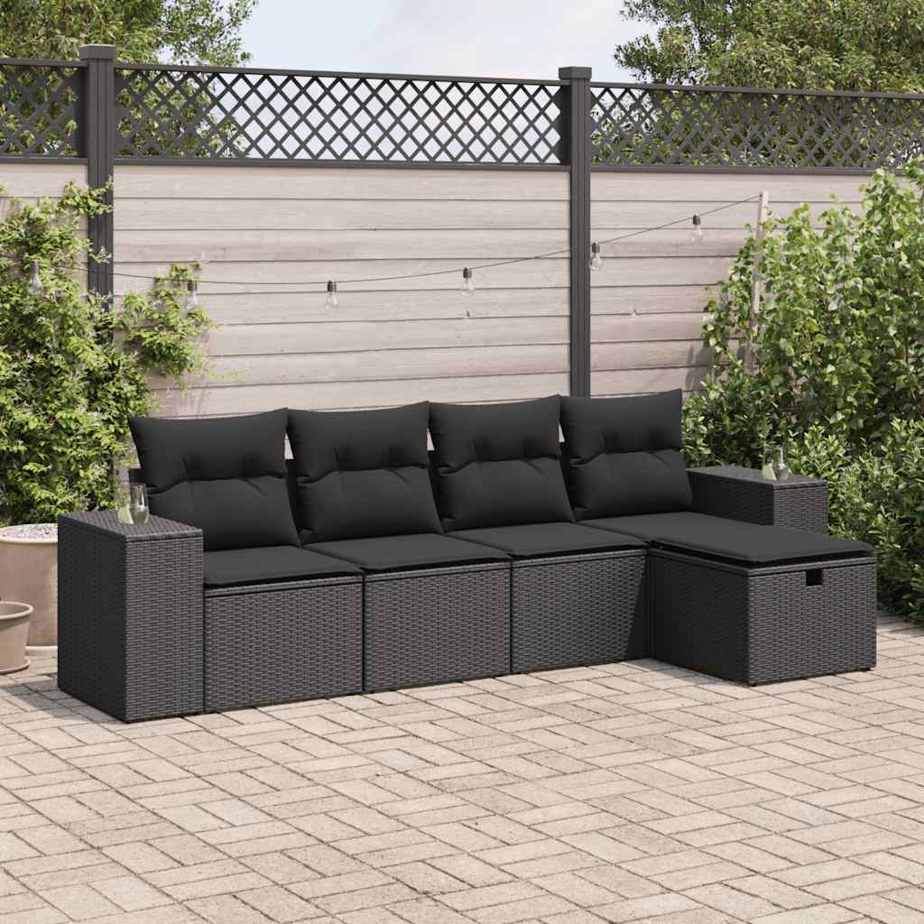 vidaXL 5-tlg. Garten-Sofagarnitur mit Kissen Schwarz Poly Rattan