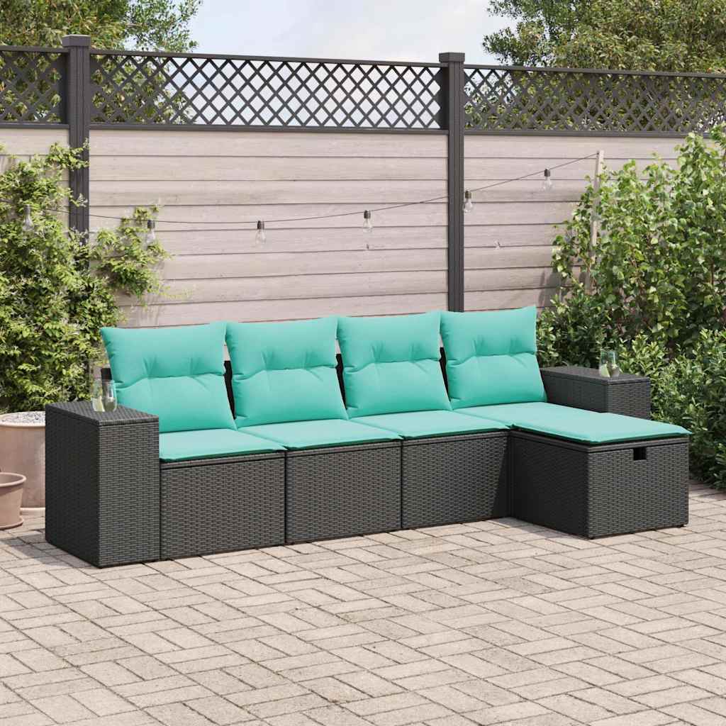 vidaXL 5-tlg. Garten-Sofagarnitur mit Kissen Schwarz Poly Rattan