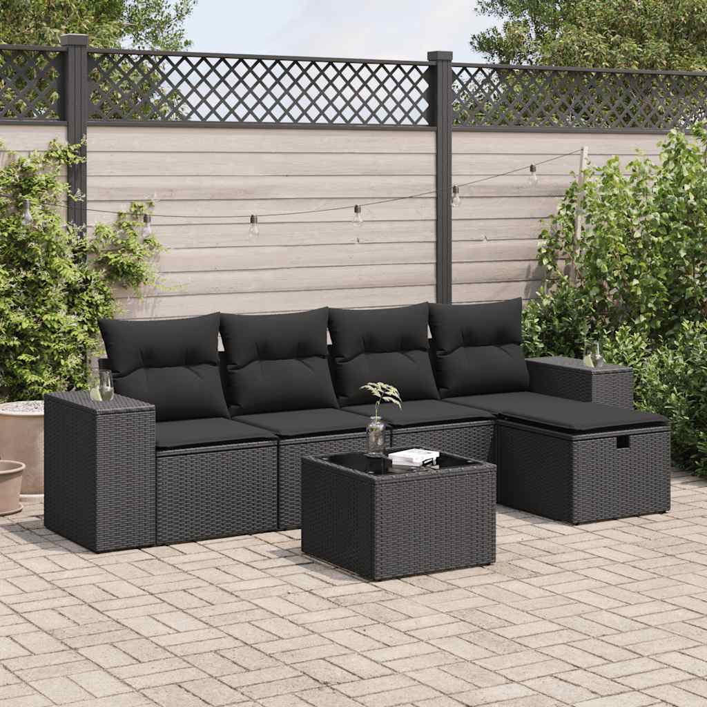 vidaXL 6-tlg. Garten-Sofagarnitur mit Kissen Schwarz Poly Rattan