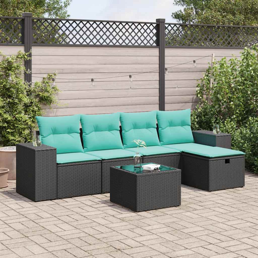 vidaXL 6-tlg. Garten-Sofagarnitur mit Kissen Schwarz Poly Rattan